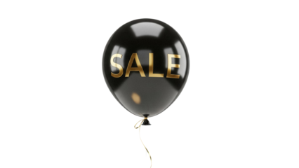 Glossy black balloon with golden SALE text isolated PNG, elegant promotional graphic element on transparent background for marketing campaigns