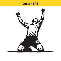 Soccer player celebrates scoring a goal with arms raised on knees