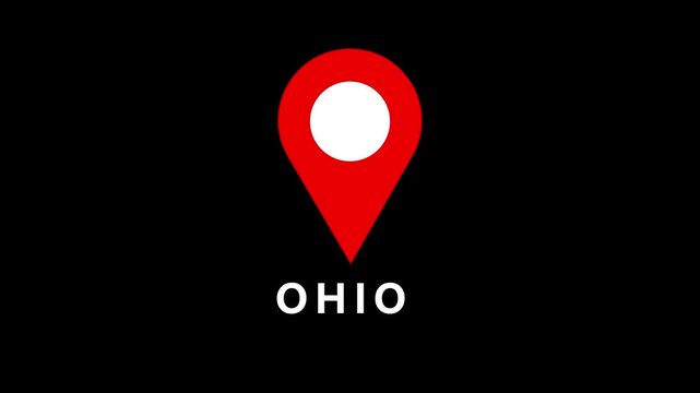 Red map pin icon with white circle and the word OHIO in white text on a black background location marker