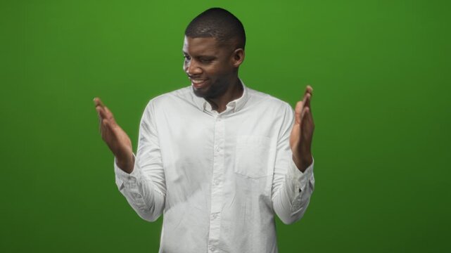 Man claps hands with palms visible, smiling and gesturing toward camera while wearing a white shirt against a green studio backdrop; cheerful.