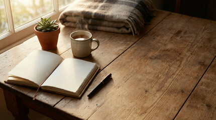 Prayer journal, coffee and blanket on rustic table — quiet morning routine by the window