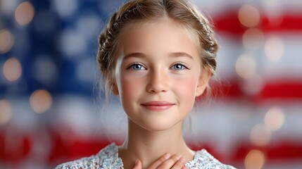 A young girl with blue eyes and braided hair smiles near a blurred American flag with bokeh lights embodying national pride and festive celeb n