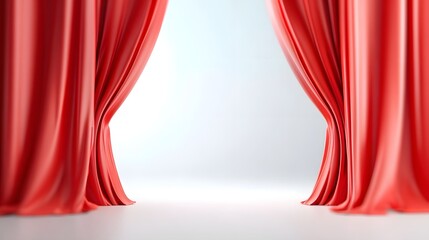Luxurious red draperies drawn open on a minimalist stage creating a dramatic entrance for an awaited event or theatrical reveal