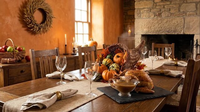A beautifully set table for a Thanksgiving holiday feast. Roasted turkey, gravy, and a cornucopia centerpiece in a rustic dining room
