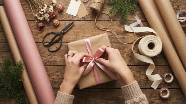 Woman's hands tying a pink satin ribbon bow on a gift box. Top-down view of holiday present wrapping on a rustic wooden table. DIY gift preparation for a special occasion