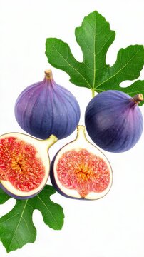 Fresh figs, sliced and whole with green fig leaves on a clean, bright white background. Healthy food.