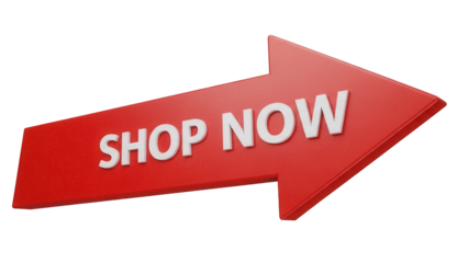 Red arrow with shop now text isolated PNG, directional sign for online shopping and e-commerce promotions on transparent background