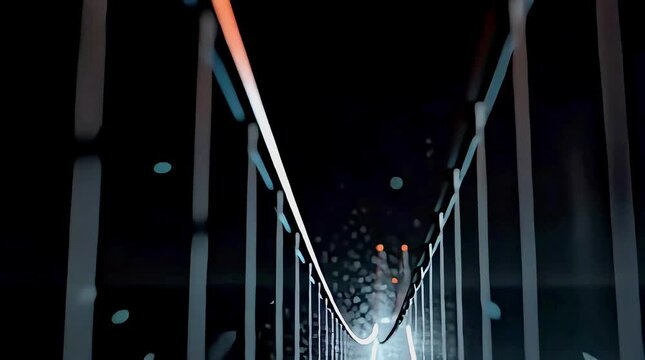 Dynamic wireframe bridge construction illuminates dark water at night