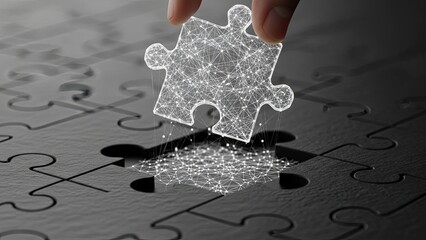 Hand Placing Digital Network Puzzle Piece into Missing Slot, Concept of Problem Solving, AI Integration, and Technology Connection in Black and White