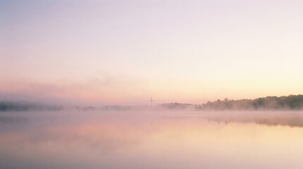 Fototapeta premium Misty pastel lake at dawn — calm water and quiet horizon
