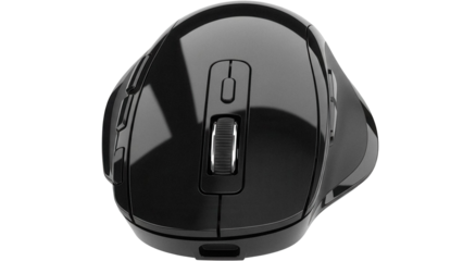 Ergonomic black computer mouse isolated PNG on transparent background, wireless vertical design for comfortable office work and gaming