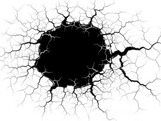Black hole with cracks isolated on white background, a symbol of destruction