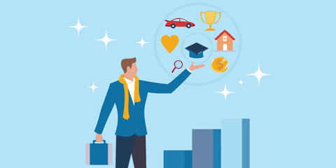 A man reaching for symbols of success car house education and more