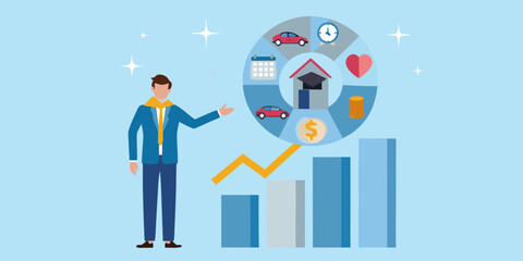 A man presenting financial growth with icons representing assets and success