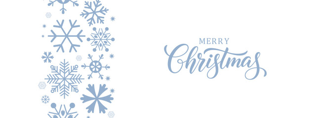 Elegant Merry Christmas greeting card with  blue snowflakes on white background and modern calligraphy text, minimalist festive winter holiday design, horizontal banner layout, copy space on right