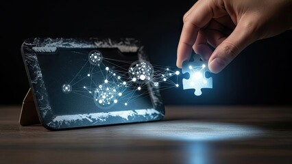 Hand Placing Glowing Network Puzzle Piece into Digital Screen Frame, Conceptualizing Secure Data Integration and Future Technology Solutions