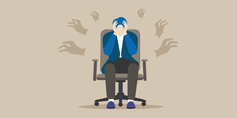 Overwhelmed person sitting in chair with hands reaching illustrating mental distress