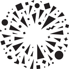 Black geometric shapes bursting outwards on white background