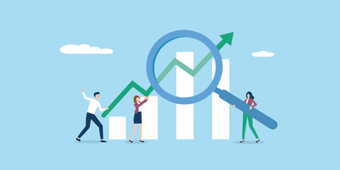 Business growth analysis with team collaboration and increasing financial performance