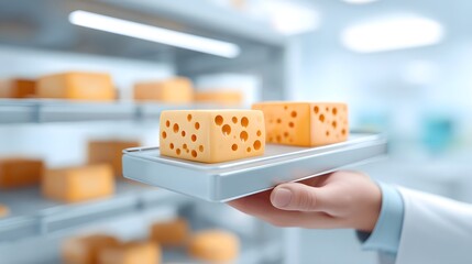 Expert in a white coat examines sampled Swiss cheese blocks on a tray for assurance within a brightly lit modern cheese production and storage facility