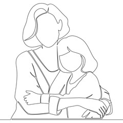 Continuous one single line drawing Mother hugging her little daughter showing love and family bonding icon vector illustration concept