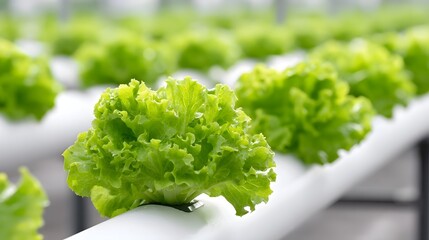 Vibrant green lettuce plants cultivated in neat rows within a sustainable hydroponic system showcasing innovative agricultural technology for healthy food production