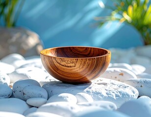 Wooden bowl sits among white stones. Soft, natural light