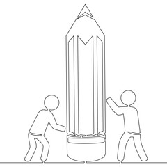Continuous one single line drawing Two human figures holding a giant pencil symbolizing creativity and teamwork icon vector illustration concept