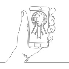 Continuous one single line drawing Hand holding smartphone with achievement badge icon on screen icon vector illustration concept
