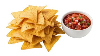 Pile of golden tortilla chips with fresh salsa isolated PNG, delicious snack for parties and gatherings on transparent background