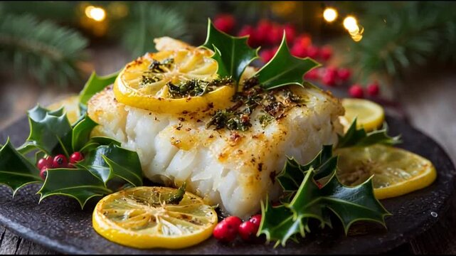 Baked Cod With Lemon Slices And Holly