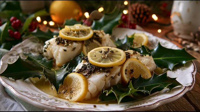 Baked Cod With Lemon Slices And Holly
