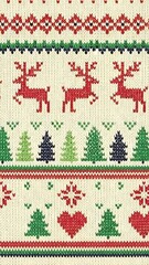 Festive Knitted Christmas Pattern with Reindeer, Trees, and Hearts.