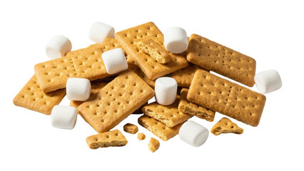 S mores ingredients, graham crackers and marshmallows isolated PNG on transparent background, sweet dessert for camping and summer