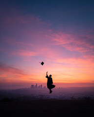 Graduate Silhouette Celebrating at Sunset with Vibrant Sky    made with generative AI