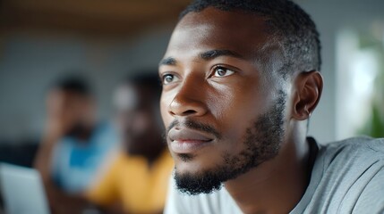 Close up of a thoughtful man looking away showing deep concent n in an indoor setting with blurred colleagues and technology present