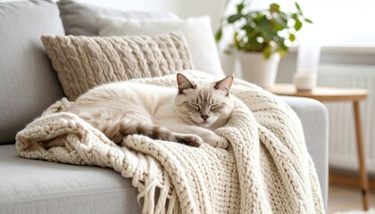 Sleeping cat on sofa with blanket with cozy living room.