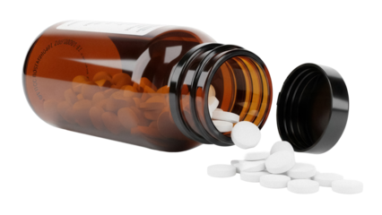 Amber pill bottle with white tablets spilling out isolated PNG, medication and healthcare concept on transparent background