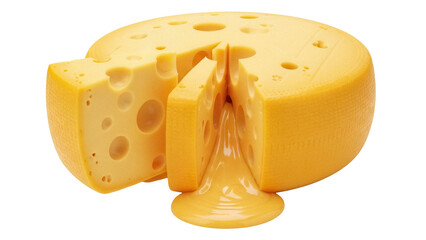 Swiss cheese wheel with cut piece isolated PNG, delicious dairy product with holes on transparent background for food concepts
