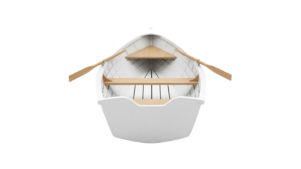 Rowboat isolated PNG on transparent background, small white boat with oars and wooden seats, nautical vessel for recreation and fishing
