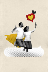 Image pop art trend banner collage of two happy lovers girl guy hold phone take selfie romantic feelings bubble speech date