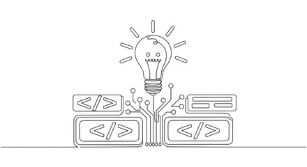 Creative Light Bulb with Circuitry and Code Symbols in Minimalist Line Art Style