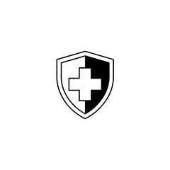 Obraz premium Medical shield icon with white cross symbol, protection and health care concept, black and white outline design