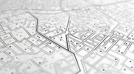 A close up abstract perspective of a monochrome city map featuring a blurred grid of streets blocks and navigational lines creating a sense of depth and urban planning