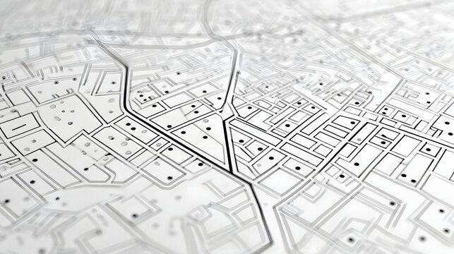A close up abstract perspective of a monochrome city map featuring a blurred grid of streets blocks and navigational lines creating a sense of depth and urban planning