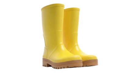 Pair of yellow rubber rain boots isolated PNG, waterproof footwear for kids on transparent background