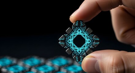 Futuristic Hand Holding Digital Circuit Chip in Dark Background