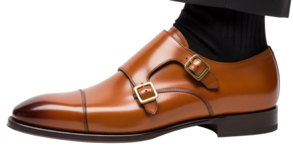 Elegant brown leather double monk strap shoe isolated PNG, stylish men s footwear for formal occasions and professional attire