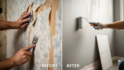 before and after image of hands scraping wallpaper and painting wall, for home renovation comparisons, contractor services, diy guides, and interior design blogs