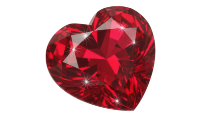Heart-shaped ruby gemstone isolated PNG, faceted red crystal for jewelry design and romantic themes on transparent background
